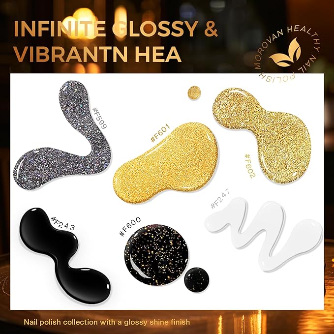 Morovan Nail Polish Set Fingernail: Black Gold White Glitter Nail Polish Kit Shimmer Sparkle Sliver Air Quick Dry Glossy Nail Pack for Nail Art Manicure 2025 Summer Holiday Gift Party for Women