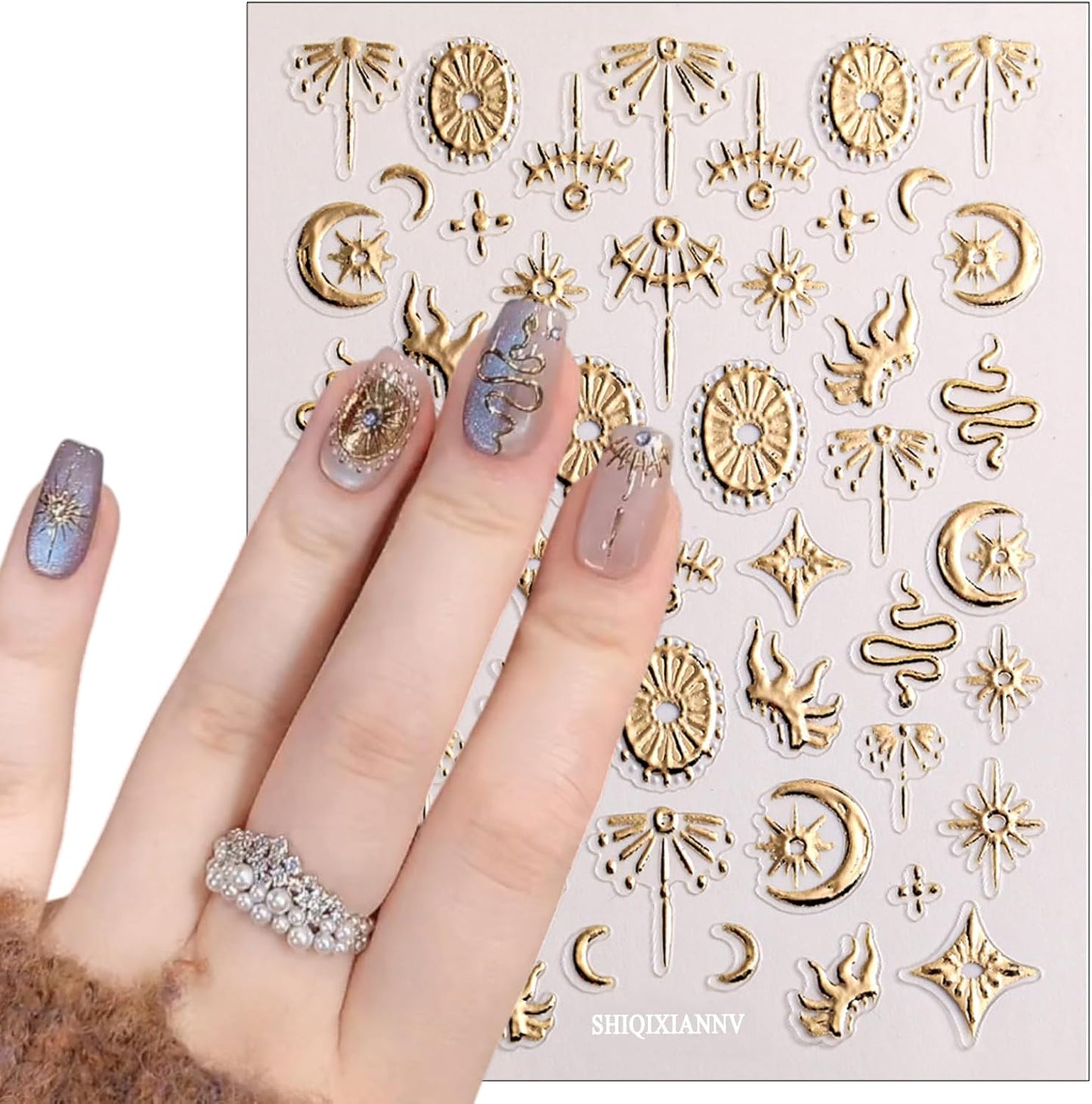 Gold Snake Nail Art Stickers 5D Self-Adhesive Embossed Moon Sun Pattern Design Nail Decals Retro Gilded Snake Nail Supplies for Women Girls DIY Summer Manicure Decoration Exquisite Cardboard 1 Sheet