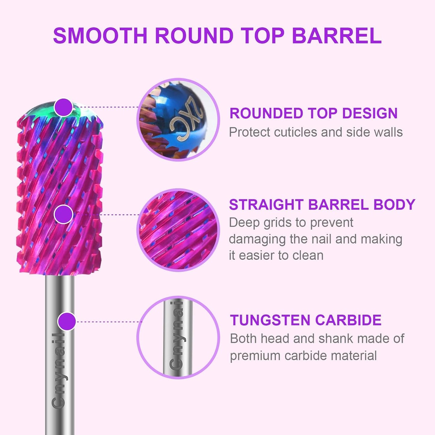 3/32" 2PCS Large Barrel Smooth Round Top Tungsten Carbide Nail Drill Bit Safety Bit for Gel & Acrylic Removal, 2-Way Rotating Efile Tip, Salon Electric File Accessory (XXC Grit, Purple)