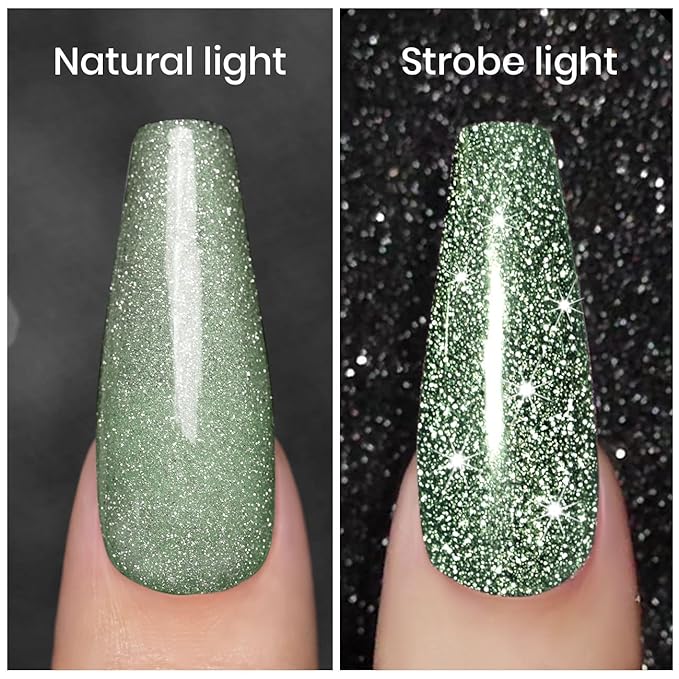 RARJSM Glitter Gel Nail Polish Light Green Flash Gelpolish Sparkle Shiny Gel Nail Art Varnish Manicure Refletive Diamond Nailgel For Salon Home DIY U V L E D Curing Required 7.5ml