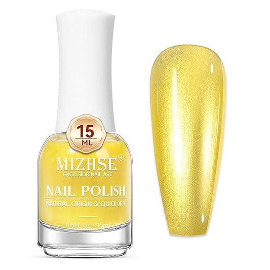MIZHSE Quick Dry Nail Polish, Bright Yellow Nail Polish Air Dry Fast, 15ml/0.5 fl oz Regular Shiny Glossy Oil-based Shimmery Nail Lacquer Non-Gel Nail Art Salon Manicure Home DIY