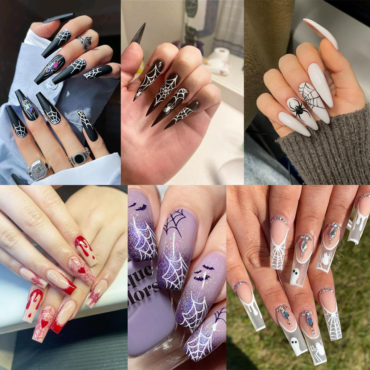 6 Sheets Halloween Spider Nail Stickers White Red Black Spider Web Nail Art Stickers 3D Self-Adhesive Horror Spiders Nail Decoration Scary Halloween Nail Decals for Women Girls Nail Art Designs