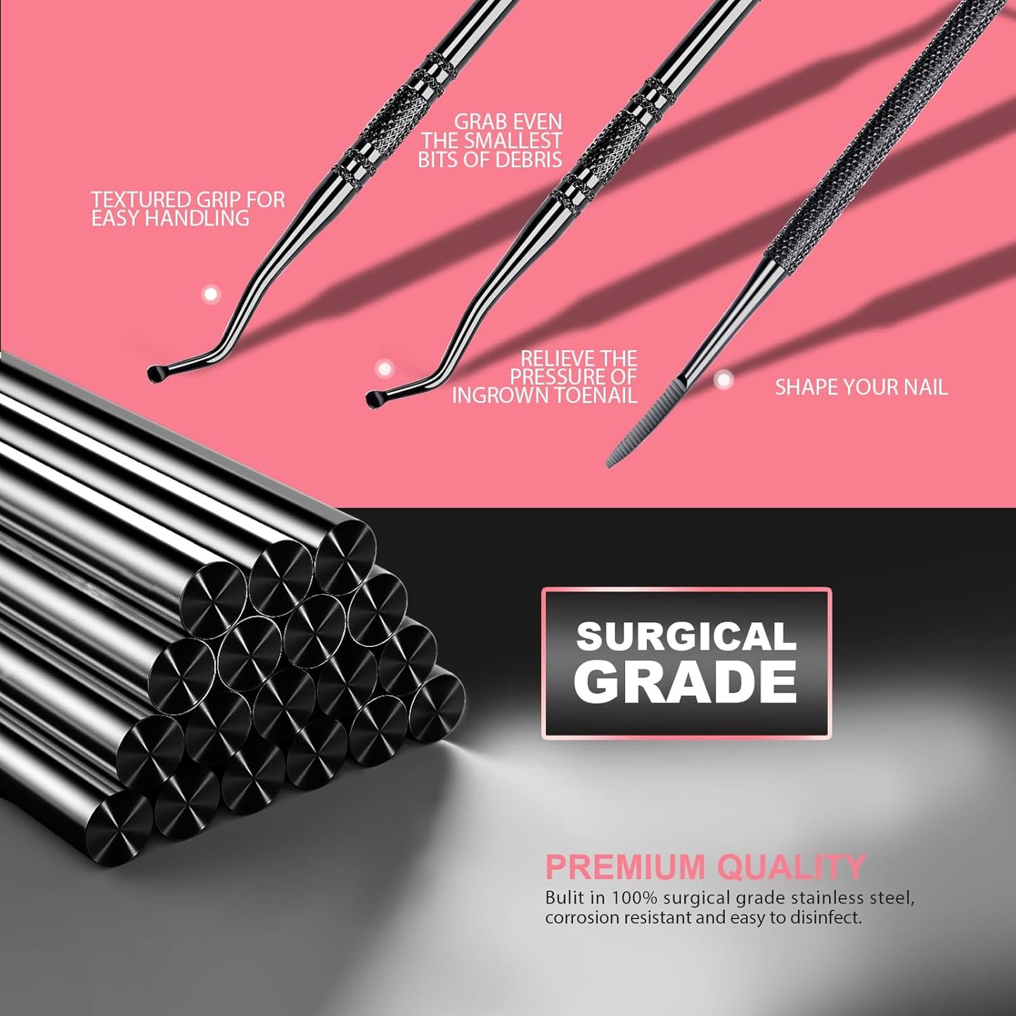 Teenitor Upgraded Pedicure Tools for Feet, Ingrown Toenail File and Lifters, Professional Ingrown Toenail Tool Ingrown Toenail Removal Kit, Black