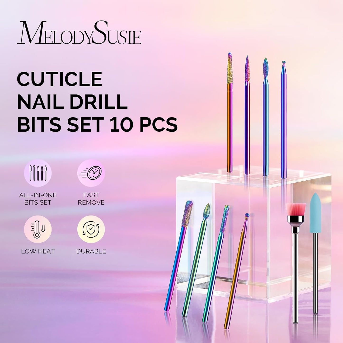 MelodySusie 10pcs Nail Drill Kit, 3/32 Inch Diamond Cuticle Bits, Manicure Pedicure Remover Tools, Salon Home Nail Care Supplies, Rainbow