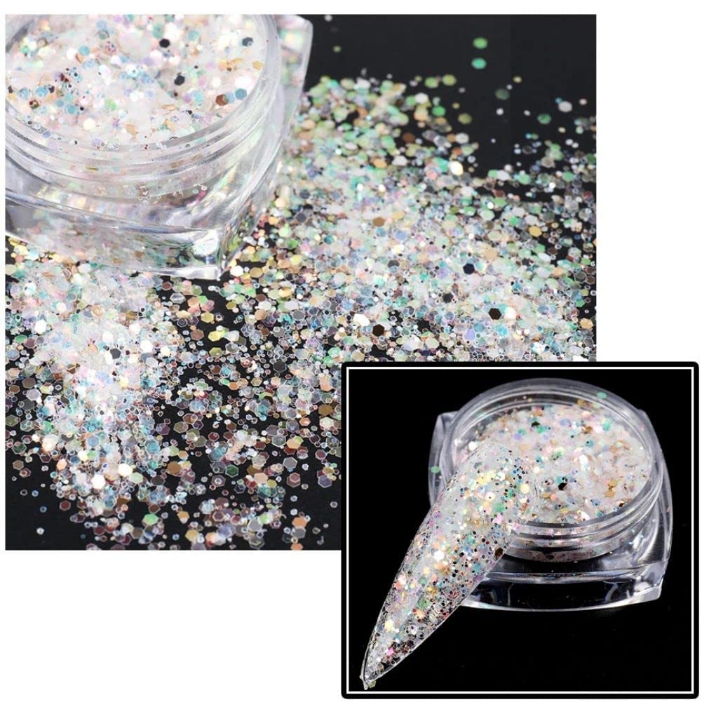 Holographic Nail Art Sequins Glitter Kits 6 Boxes 3D Nails Glitter Metallic Shining Flakes Acrylic Powder Dust Sequins for Nails Decoration Holographic Manicure Tips (Mixed Color - Fresh)