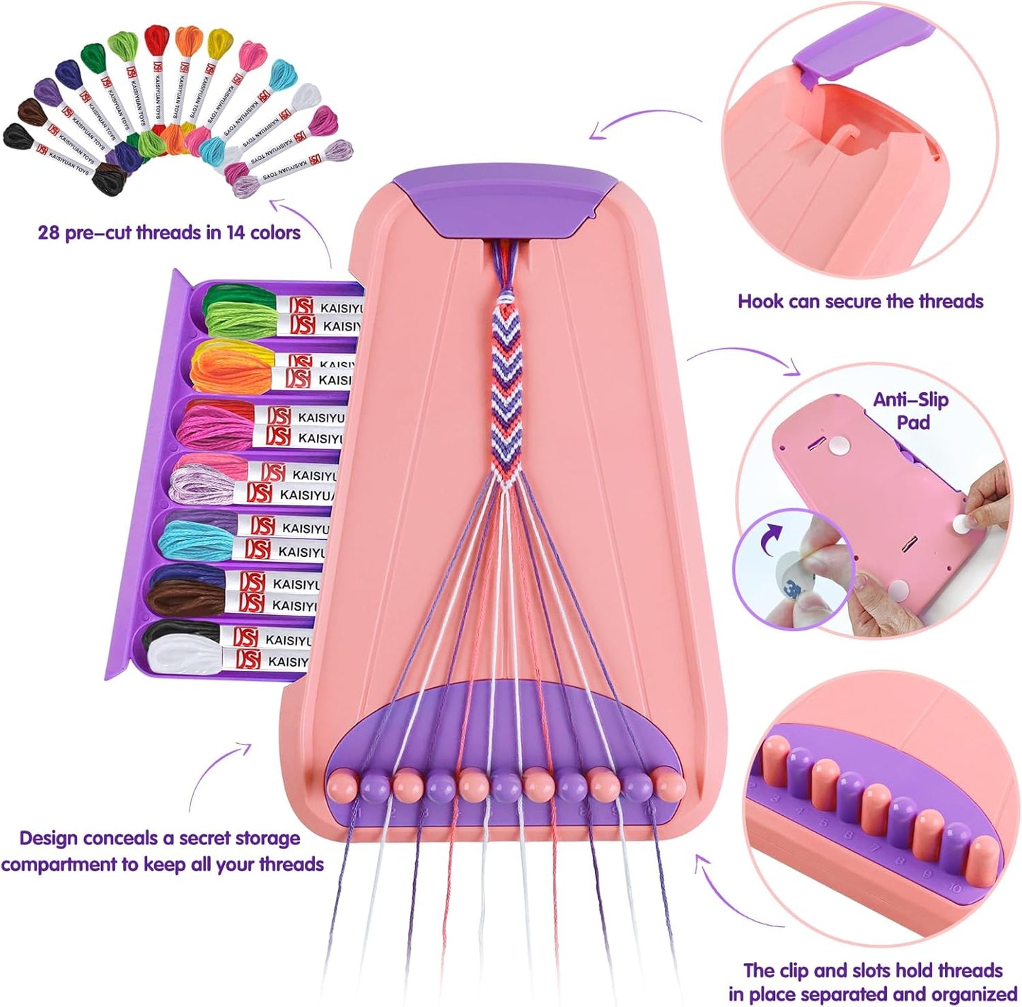 Arts and Crafts for Kids Ages 8-12,Friendship Bracelet Making Kit for Girl,Kids Jewelry Making Kit with 28 Pre-Cut Threads,Christmas Birthday Gifts for Ages 6 7 8 9 10 11 12 Year Old Pink/Purple