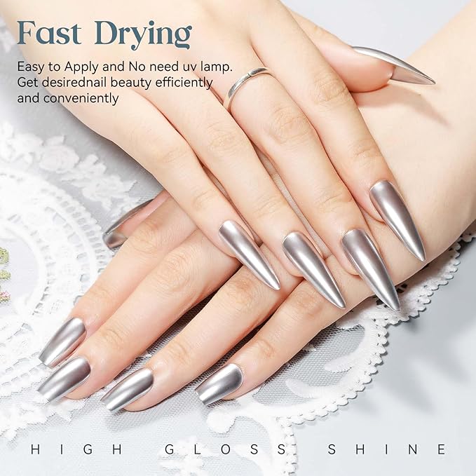 MIZHSE Silver Mirror Nail Polish, Quick Dry Metallic Nail Polish, Air Dry Fast Chrome Nail Lacquer Bright Color Oil-based Nail Art Manicure Home DIY