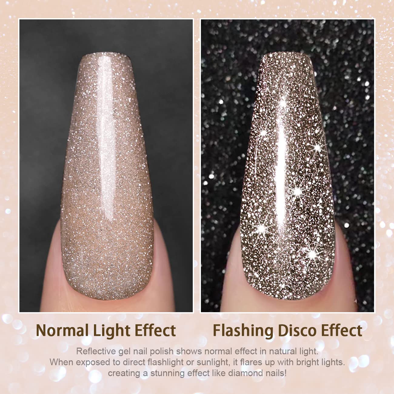 RARJSM Reflective Glitter Gel Nail Polish Champagne Brown Flash Diamond Nail GelPolish Soak off Disco Shimmer Gel Polish UV LED Curing Require 15ml 0.5FLOZ for Home Salon Diy Nail Manicure Decoration