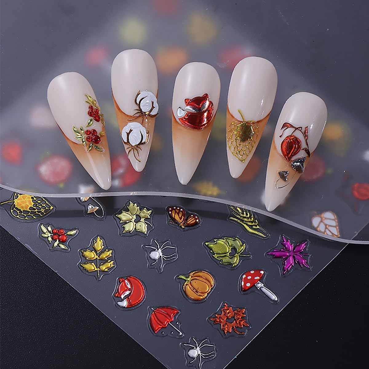 Fall Nail Art Stickers Autumn Maple Leaf Pumpkin pineal Mushroom Design Nail Decals 5D Embossed Self-Adhesive Fall Nails Stickers Thanksgiving Day Nails Art Supplies for Women DIY Manicure Decor