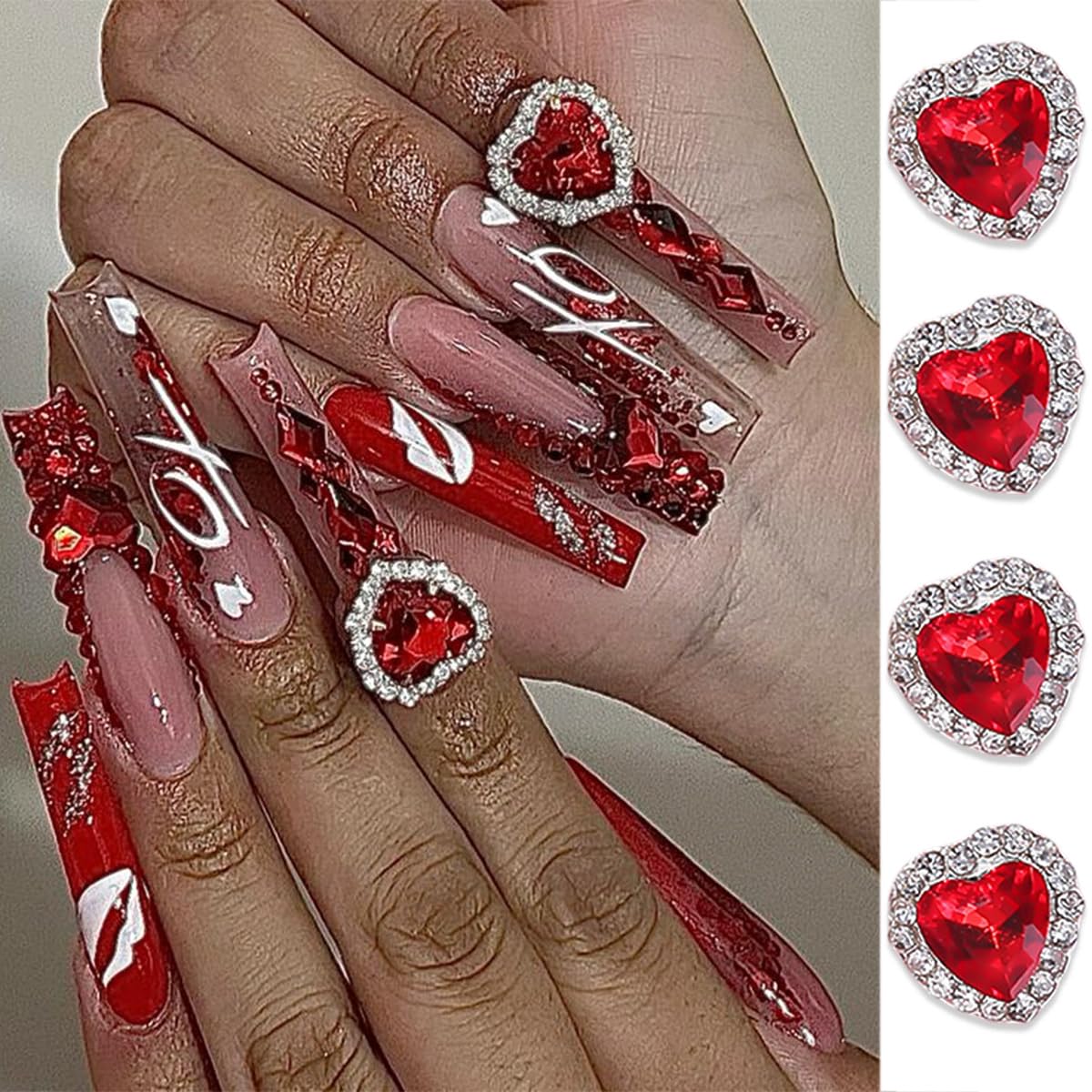 Valentines Gold & Silver Heart Nail Charms - 14 Pcs Luxury Alloy 3D Rhinestones for Crown Nails Art