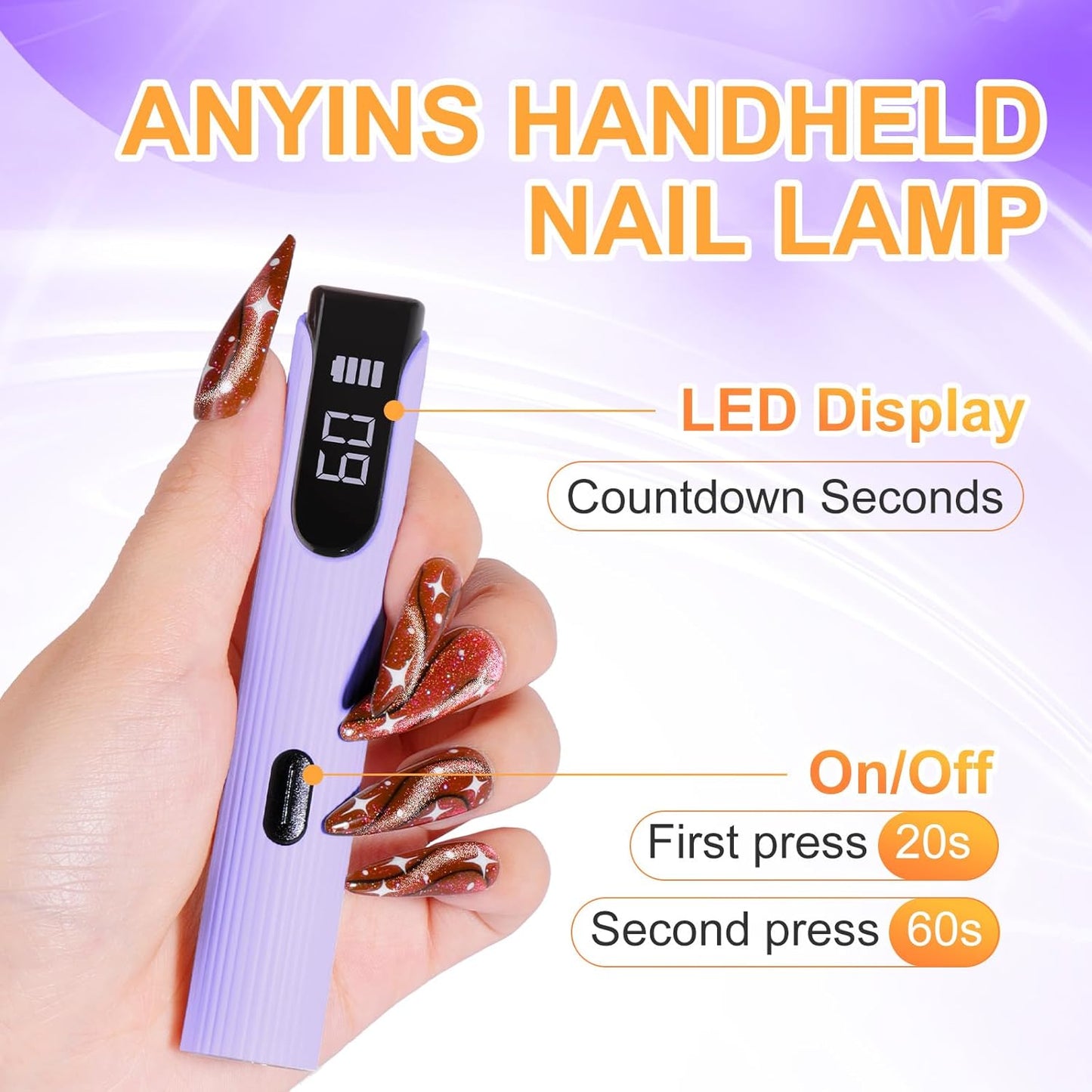 Handheld UV Light for Gel Nails, Purple Gel Light for Nails Cordless Nail Lamp Rechargeable with Led Display Lamp for Rhinestone Glue Decoration DIY at Home