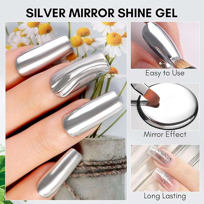 Makartt 8ml Mirror Shine Gel- Metallic Gel Nail Polish, Silver 3D Metal Painting for Nail Art Soak off UV/LED Glossy Mirror Effect Nail Glue for Home Salon DIY Manicure