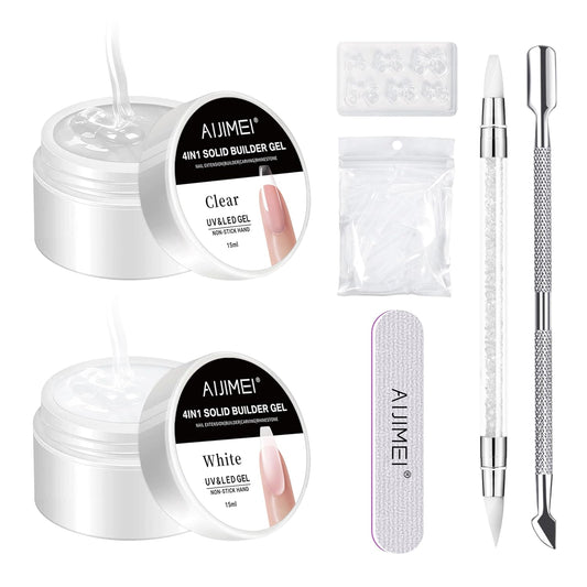 AIJIMEI Solid Builder Gel Kit - Non-Stick Hand Nail Builder Gel - Nail Extension for Home Use - White & Clear (15ml/0.5oz)
