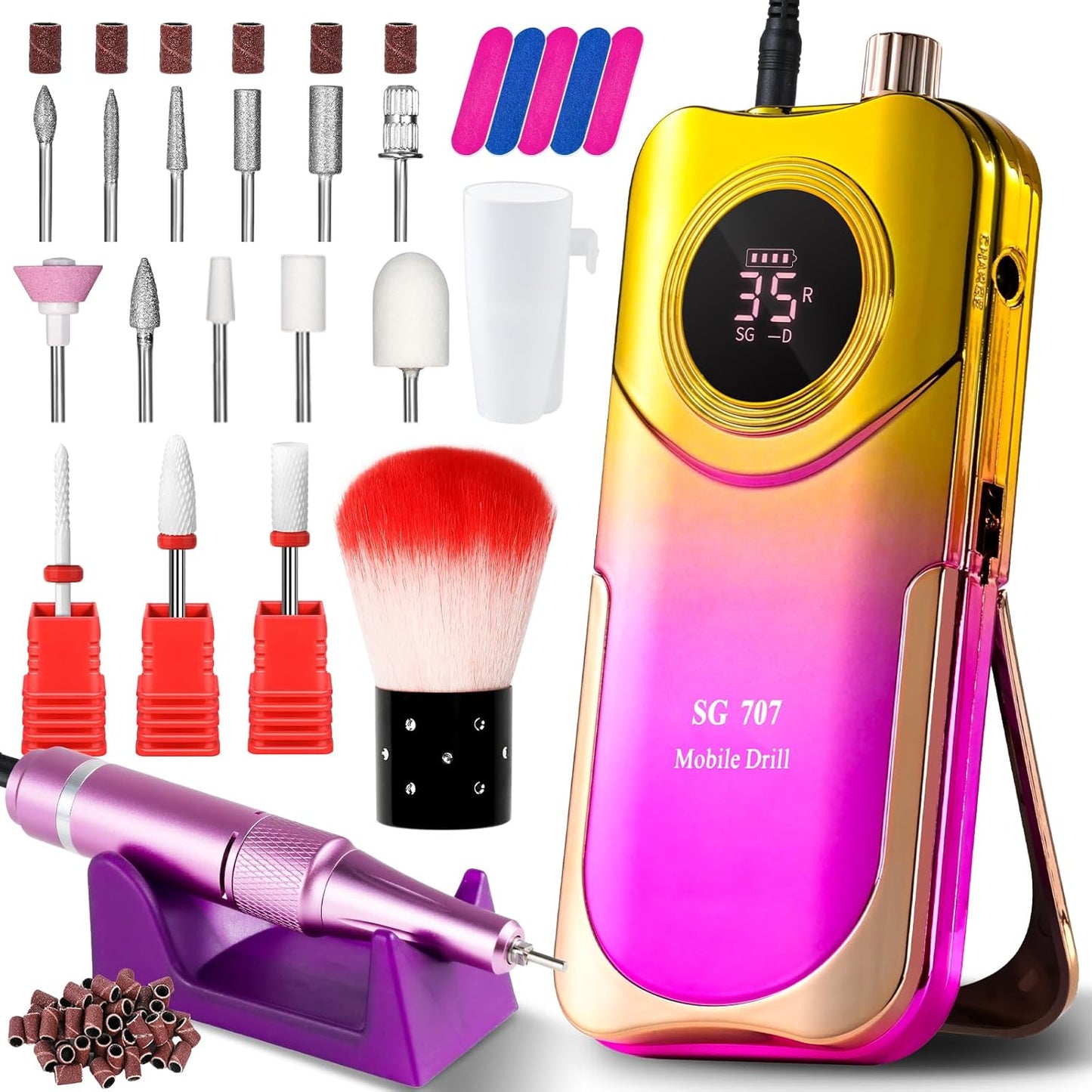 Professional Electric Nail Drill Kit 35000RPM with 14PCS Bits Purple Gold Portable Rechargeable Cordless File Machine for Acrylic Gel Powder Nails and Manicure Pedicure Toenail Tool Salon Set