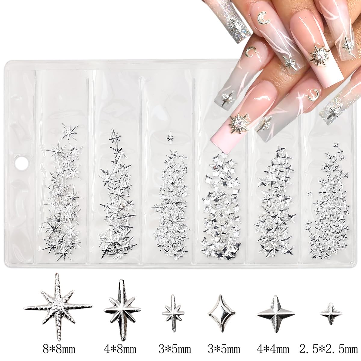 400Pcs 3D Gold Silver Star Nail Art Charms Metallic Studs Rhinestones Bling Gems Decorations Manicure Kit Art Supplies Accessories for Women Girls Acrylic Nails