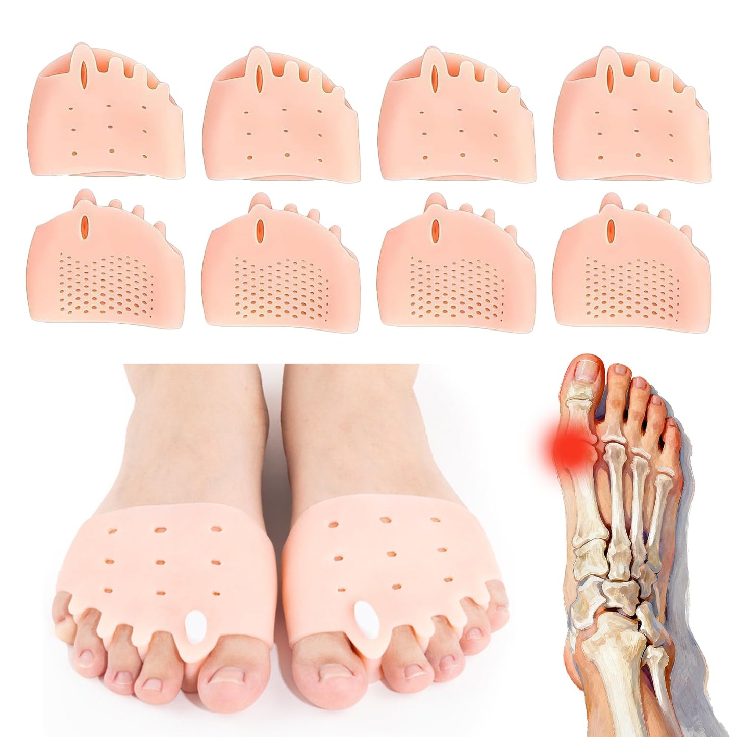 4 Pairs Silicone Toe Separators, 2026 New Bunion Corrector for Women, Ball of Foot Cushions, Toe Separators Breathable and Soft, Corrector, for Foot Alignment & Pain Relief, 4PCS*Skin