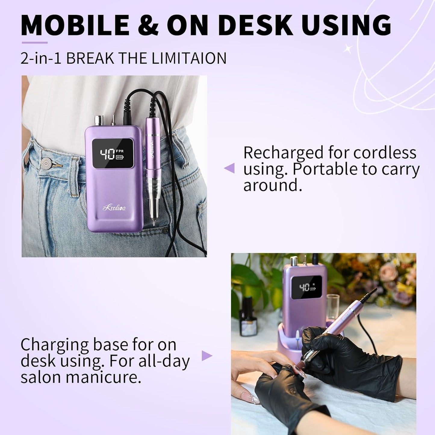 Kredioo Professional Nail Drill Brushless 40,000RPM Rechargeable 2-in-1 Portable Electric Nail File Ultra Silent Salon Must Haves Nail Tool Kit Removing Acylic Gels-Purple