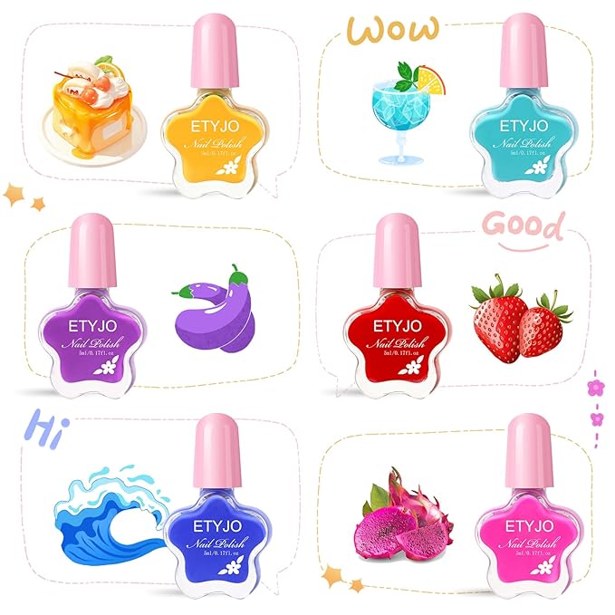 Kids Nail Art Set - Non-Toxic, Water-Based Peel-off Quick Drying Nail Polish, 6 Rainbow Colors for Kids Age 3+