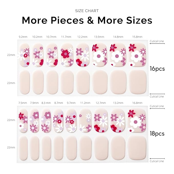 Nailog Semi Cured Gel Nail Strips 34 pcs | Long Lasting Nail Polish Sticker Wraps with Glossy Gel Finish (Florid)