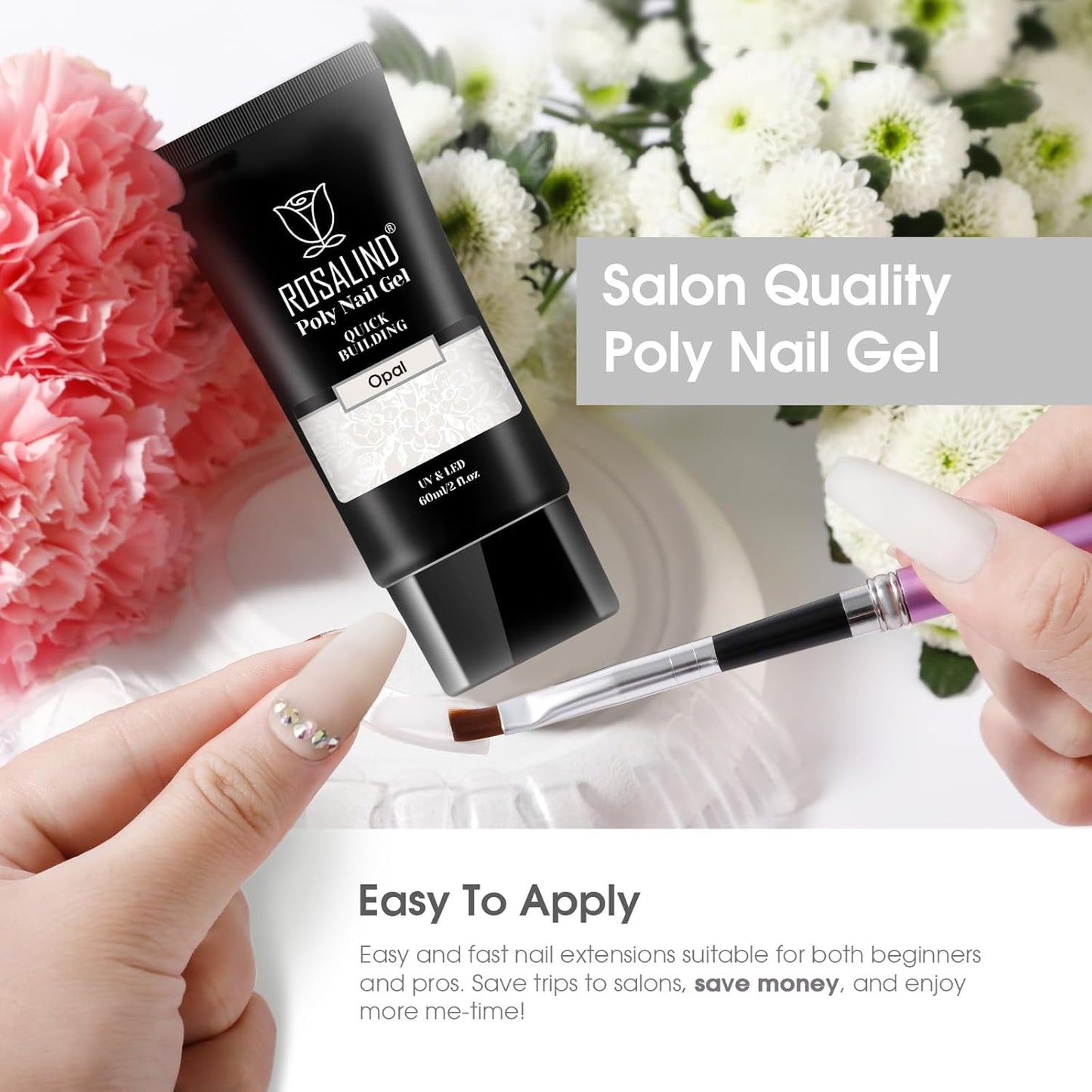 Opal White Poly Extension Gel, ROSALIND 2 oz White Poly Nail Gel for Nail Art Decoration, Nail Thickening Extension Easy to DIY Use at Home Need UV Lamp (Update Version)