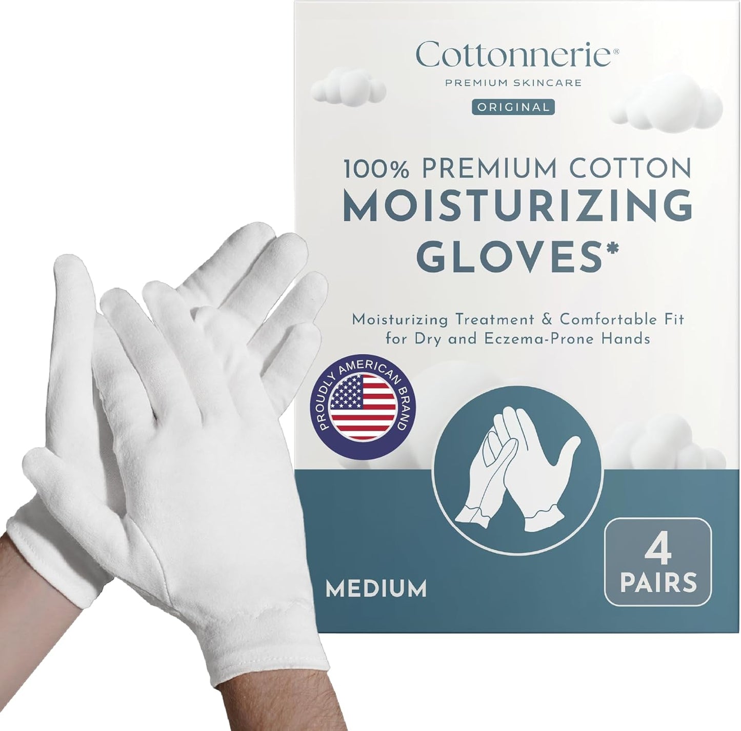 4 Pairs Cottonnerie Original Cotton Gloves for Dry Hands Sleeping, Moisturizing Gloves Overnight, Hand Moisturizer Gloves, Moisture Gloves for Dry Hands Overnight, Sleeping Gloves, Medium