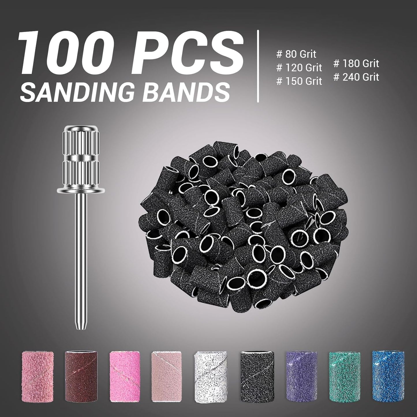 MelodySusie 100 Pcs Nail Drill Bits Sanding Bands for Nail Drill 80 Coarse Grit Nail File Sanding Bands for Acrylic Nails Gel Manicures and Pedicure, Black