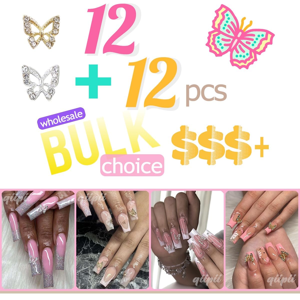 24pcs Butterfly Nail Charms Bulk 3D Charms for Acrylic Nails, Golden Silver Butterflies Nail Rhinestones Charms Nail Alloy Studs Nail Art Jewels Diamonds Gems Supplies for Nails Face Makeup