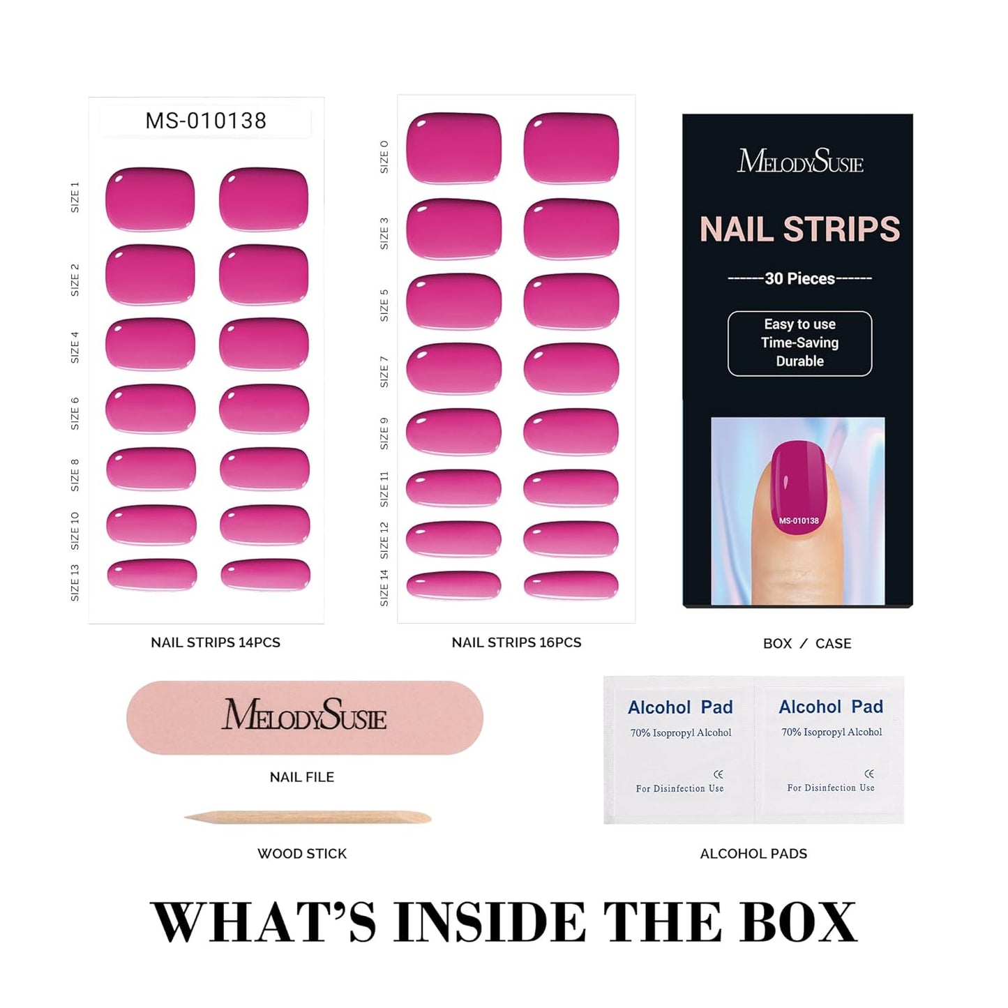 MelodySusie 30PCS Semi Cured Gel Nail Strips, Hot Pink, Works with Any Nail Lamps, Salon Quality, Long Lasting, Easy to Apply, Includes 2 Prep Pads, Nail File and Wooden Stick