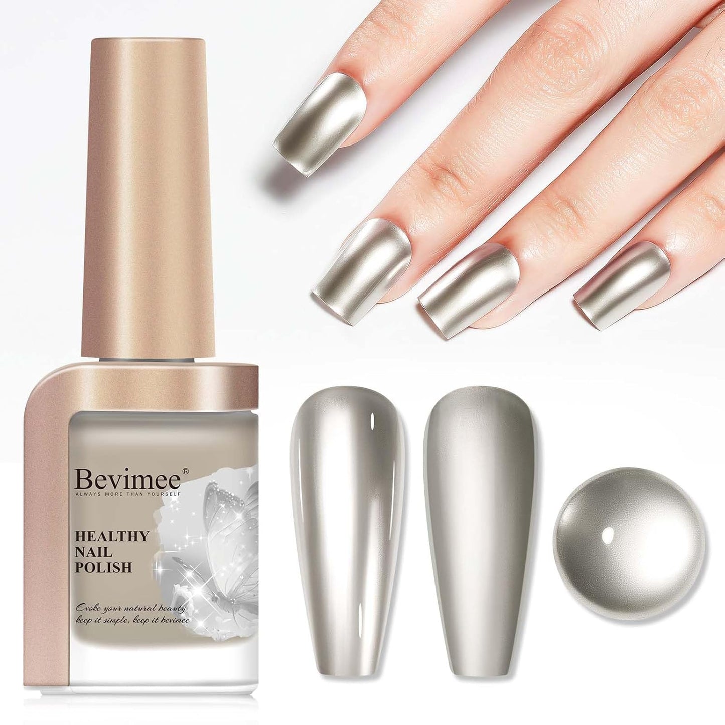 Metallic Chrome Nail Polish Mirror Shine Quick Dry Champagne Gold, Holographic Nail Lacquer Regular Color For Finger Toe Nail French Manicure Art