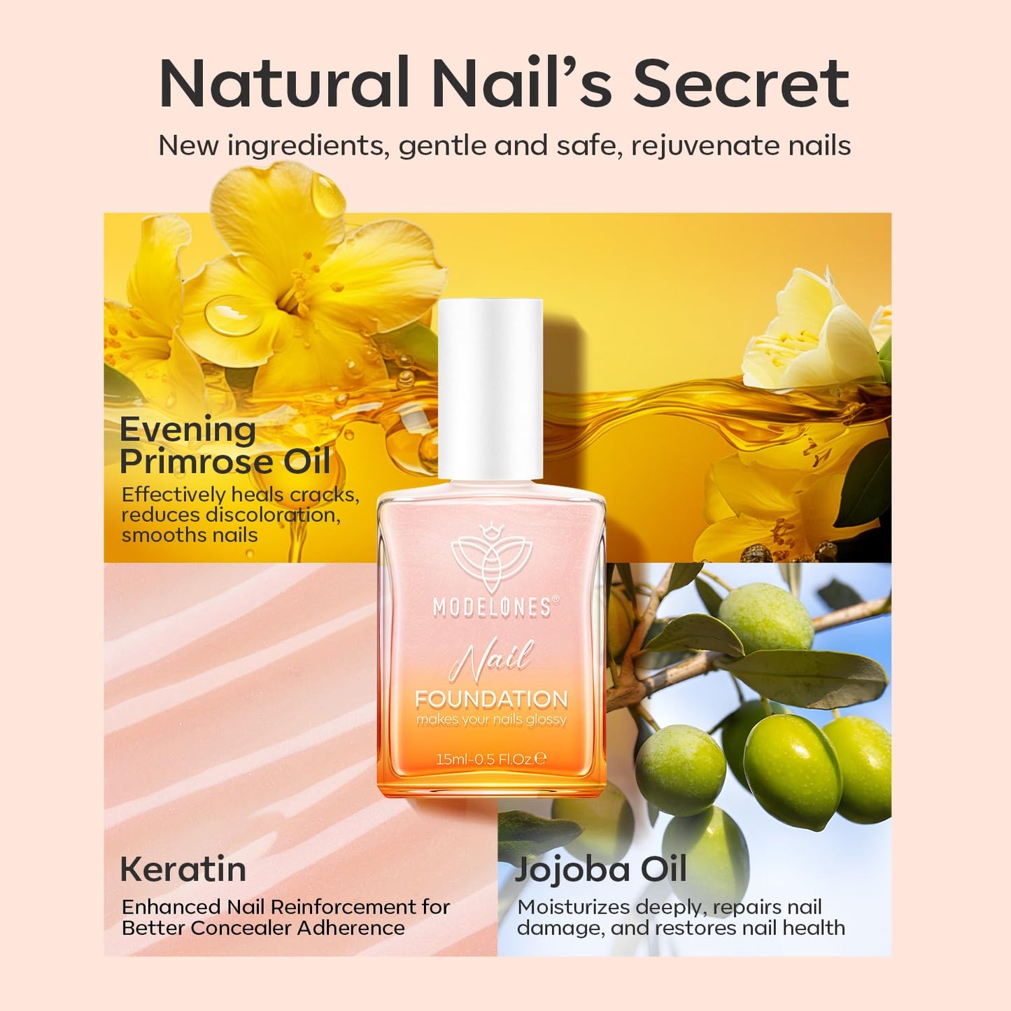 modelones Nail Strengthener, Glitter Clear Nail Natural Concealer Foundation Polish Air Dry Nail Growth Polish for Damaged Nails Imperfection Masking Gifts for Women 15ml