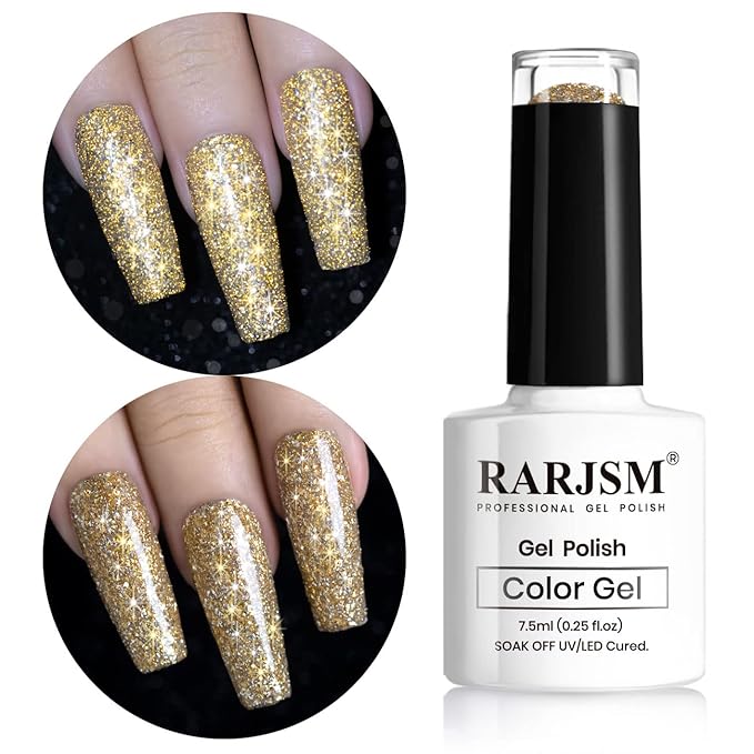 RARJSM Reflective Glitter Gel Polish Champagne Gold Holographic Gel Nail Polish Rainbow Iridescent Shimmer Pigment L E D U V Soak Off Sparkle Diamond Gelpolish Nail Art Manicure Salon DIY at Home 1pcs