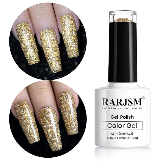RARJSM Reflective Glitter Gel Polish Champagne Gold Holographic Gel Nail Polish Rainbow Iridescent Shimmer Pigment L E D U V Soak Off Sparkle Diamond Gelpolish Nail Art Manicure Salon DIY at Home 1pcs