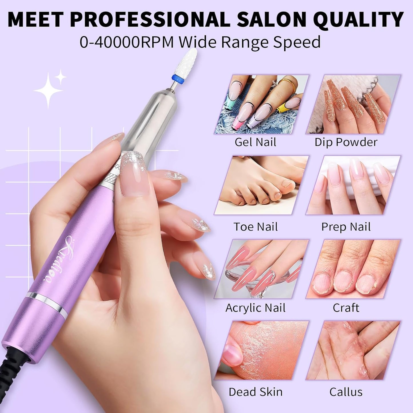 Kredioo Professional Nail Drill Brushless 40,000RPM Rechargeable 2-in-1 Portable Electric Nail File Ultra Silent Salon Must Haves Nail Tool Kit Removing Acylic Gels-Purple