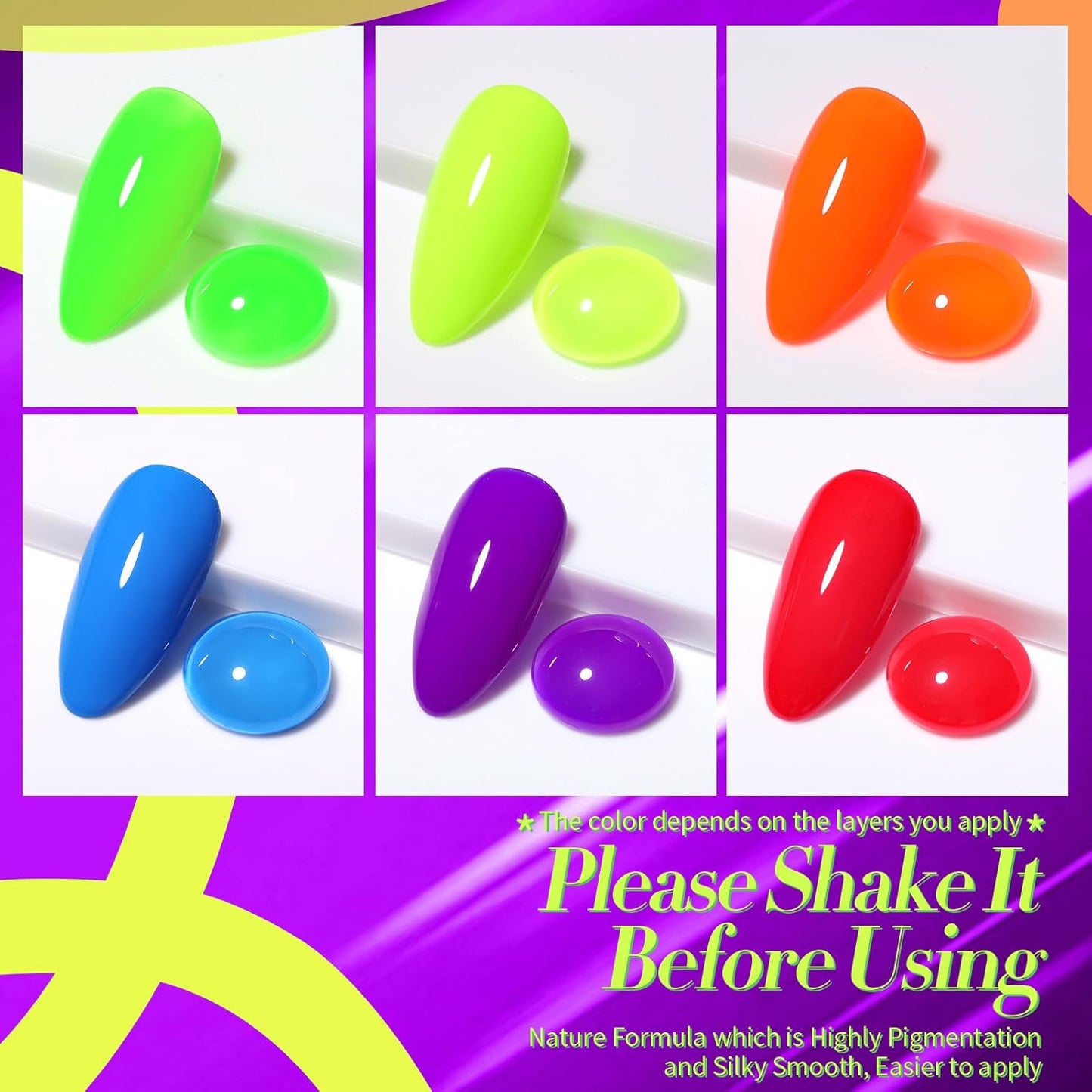 Born Pretty Halloween Neon Gel Nail Polish Bright Rainbow Colorful Fluorescent Gel Polish Yellow Green Blue Purple Red Orange Color Gel Nail Polish Collection Gift 6PCS