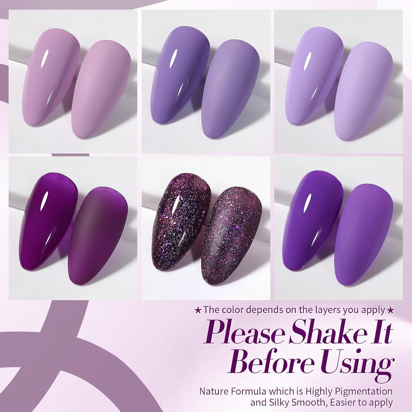 BORN PRETTY Purple Gel Nail Polish Set 6 Colors Lavender Purple Dark Purple Gliiter Nail Gel Kit Soak Off Nail Art Manicure Design Home Salon Holiday Gift