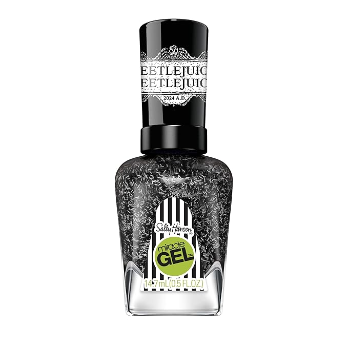 Sally Hansen Miracle Gel Beetlejuice Salon Quality Nail Polish| Gel-Like Formula, Two-Step System, No UV Light Needed, Long Lasting | Opaque, Glittery | 929 Ghost With The Most | Black Nail Polish