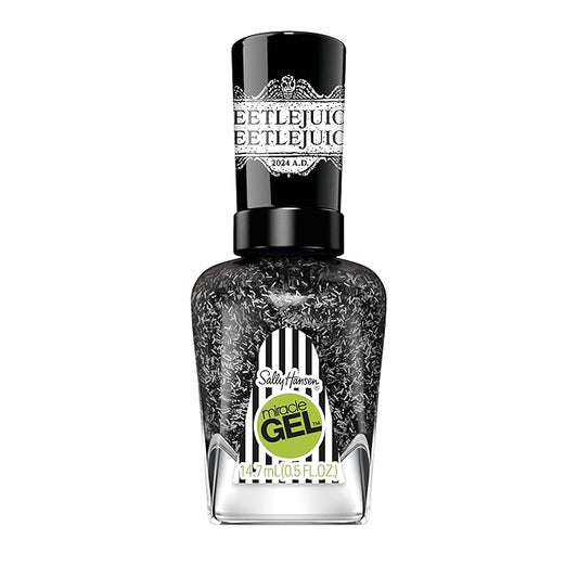 Sally Hansen Miracle Gel Beetlejuice Salon Quality Nail Polish| Gel-Like Formula, Two-Step System, No UV Light Needed, Long Lasting | Opaque, Glittery | 929 Ghost With The Most | Black Nail Polish