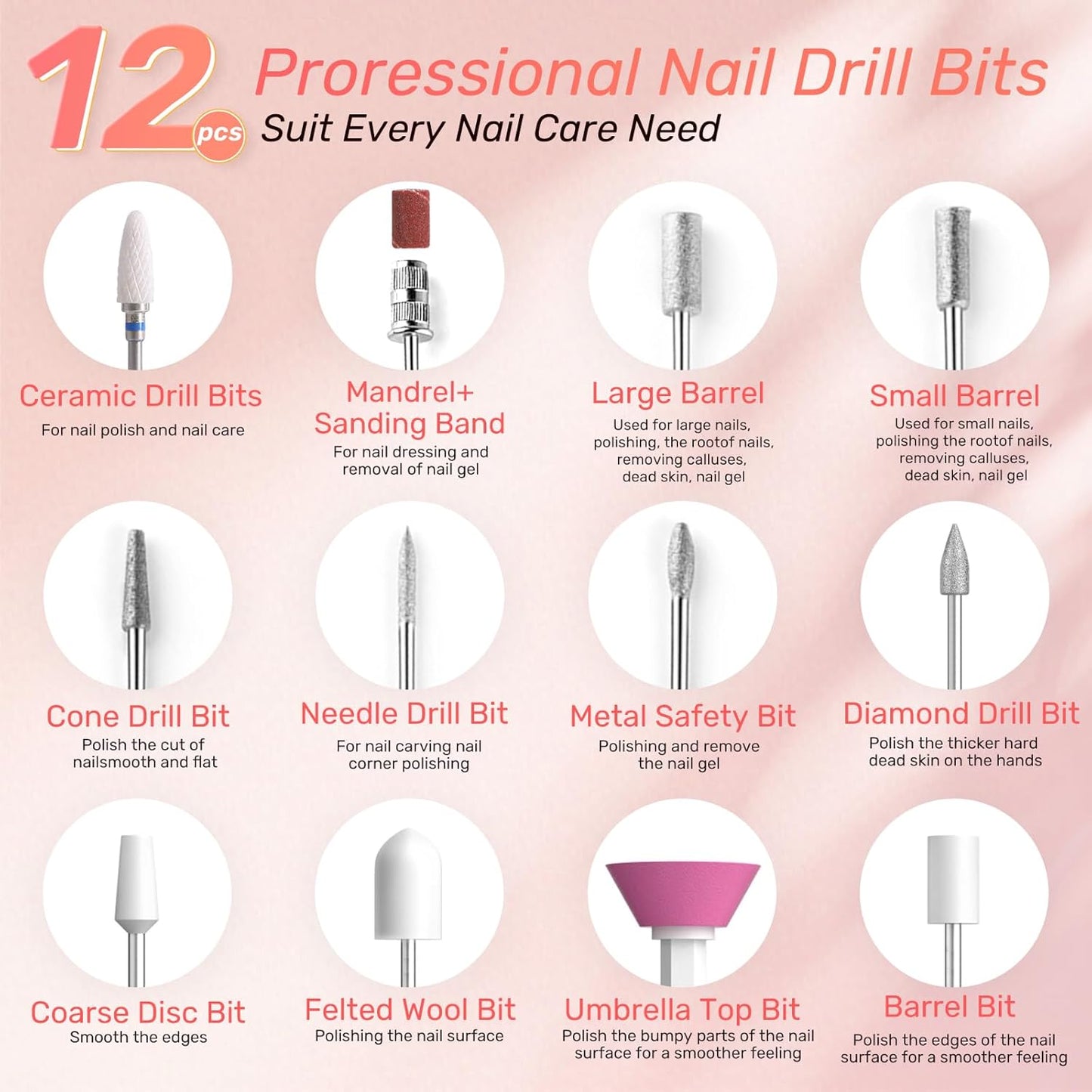 Portable Electric Nail Drill Machine Professional Kit, 0-23000 RPM Adjustable Speed, Nail Grinder Manicure Tool for Home Salon with Drill Bits Sanding Bands for Acrylic Gel Nails Pink