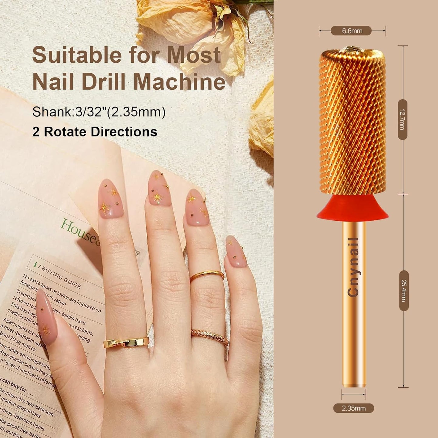 3/32" Large Barrel Crystal Top Tungsten Carbide Nail Drill Bit Safety Bit for Gel & Acrylic Removal, 2-Way Rotating Efile Tip, Salon Electric File Accessory (F Grit, Ti-Gold)