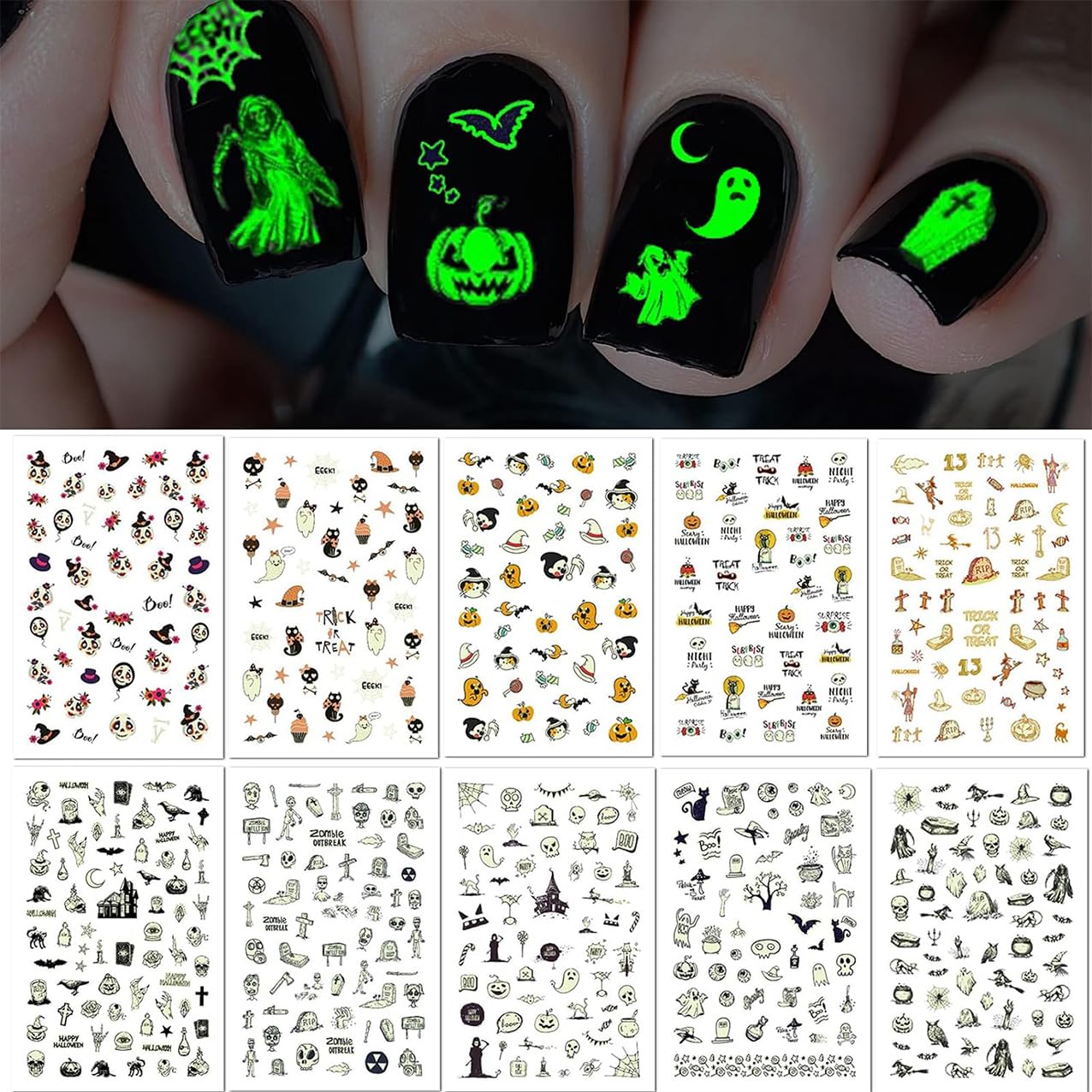 TailaiMei 10 Sheets Glow in The Dark Halloween Nail Stickers, Fluorescent Design Kids Nail Decals, Self-Adhesive DIY Nail Art Tips for Women Manicure