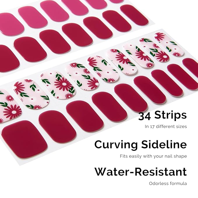 Semi Cured Gel Nail Strips - NAILOG 34 Pcs Floral Nail Stickers Long Wraps with Glossy Gel Finishing for Autumn, in The Meadow