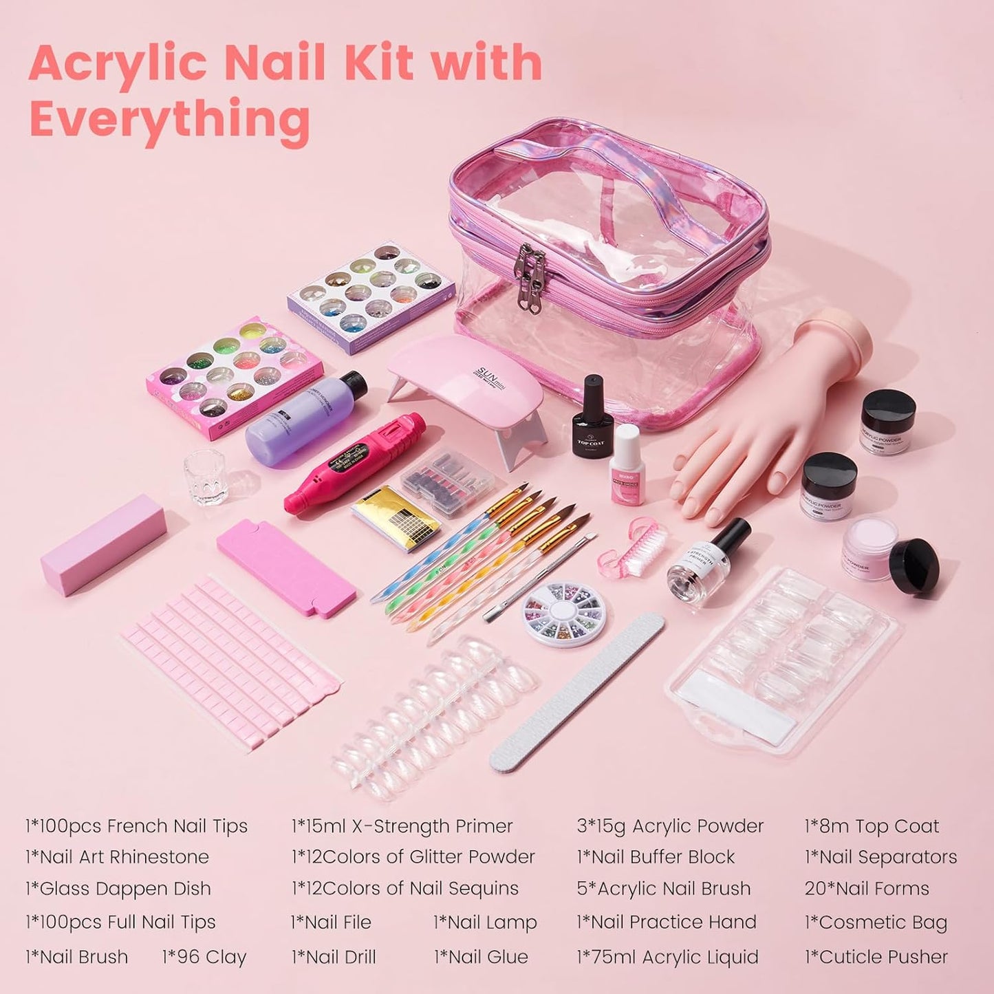 Nail Kit for Beginners with Everything: Professional Nail Acrylic Powder Liquid Set with Practice Hand Drill U V Light in Cosmetic Bag for Women Salon Home (Pink)