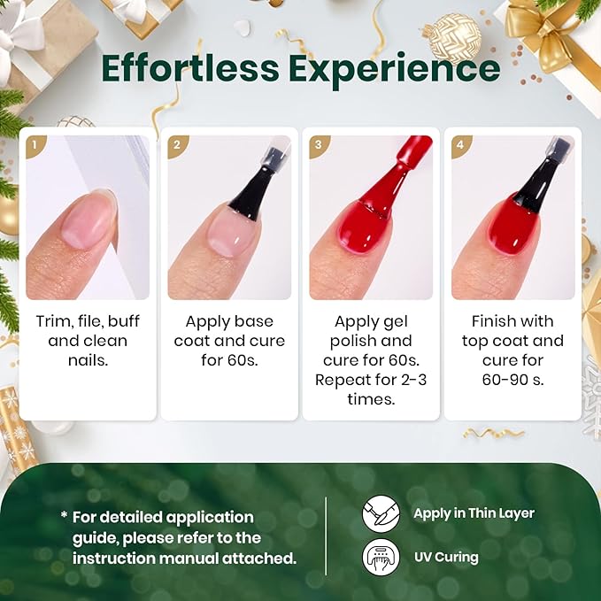 Beetles Christmas Gel Polish Set - Stain Carol Collection, Sparkle Red Green Colors Polish Kit Soak Off UV LED Manicure Gift with Nail Strengthener Gel