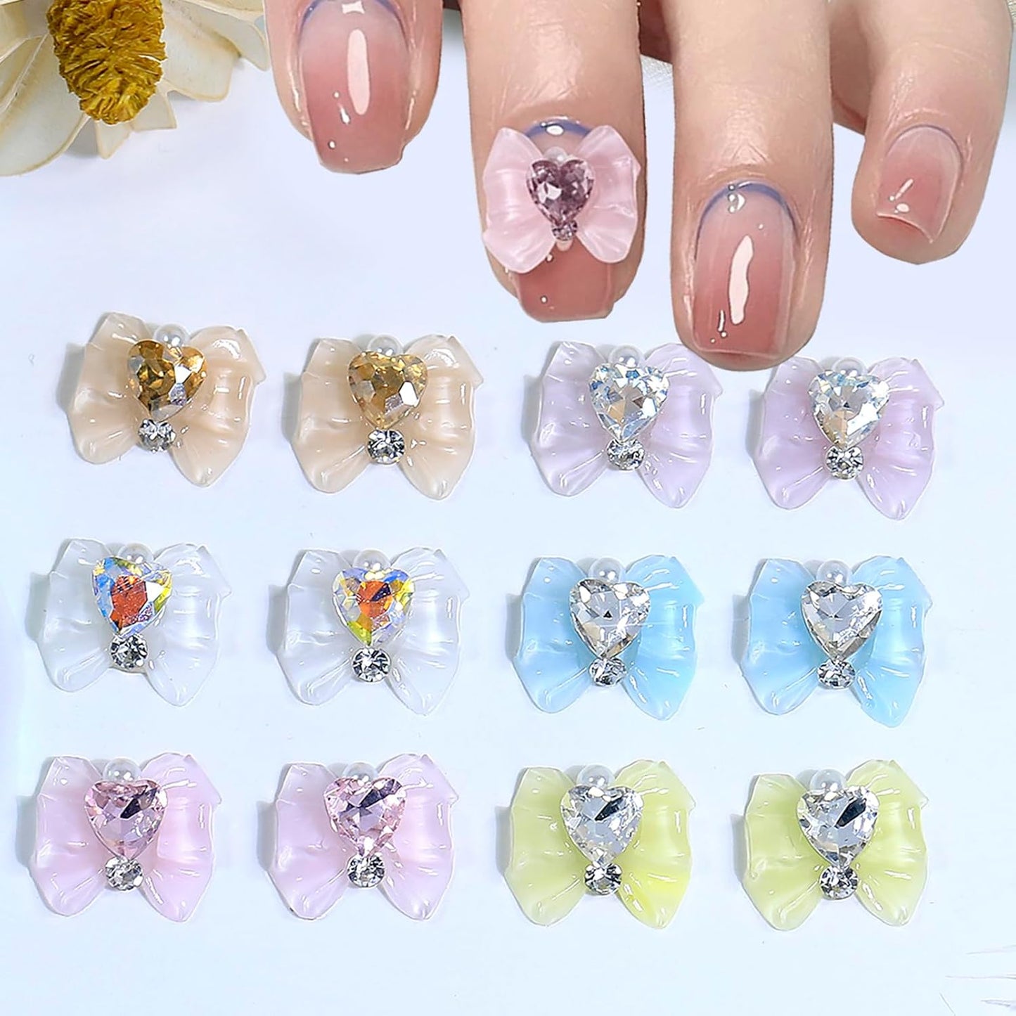 HNUIX Bow Nail Charms - Champagne, AB, White, Heart Rhinestones for Acrylic Nails, with Kit, for Nail Art, DIY Crafts Decor