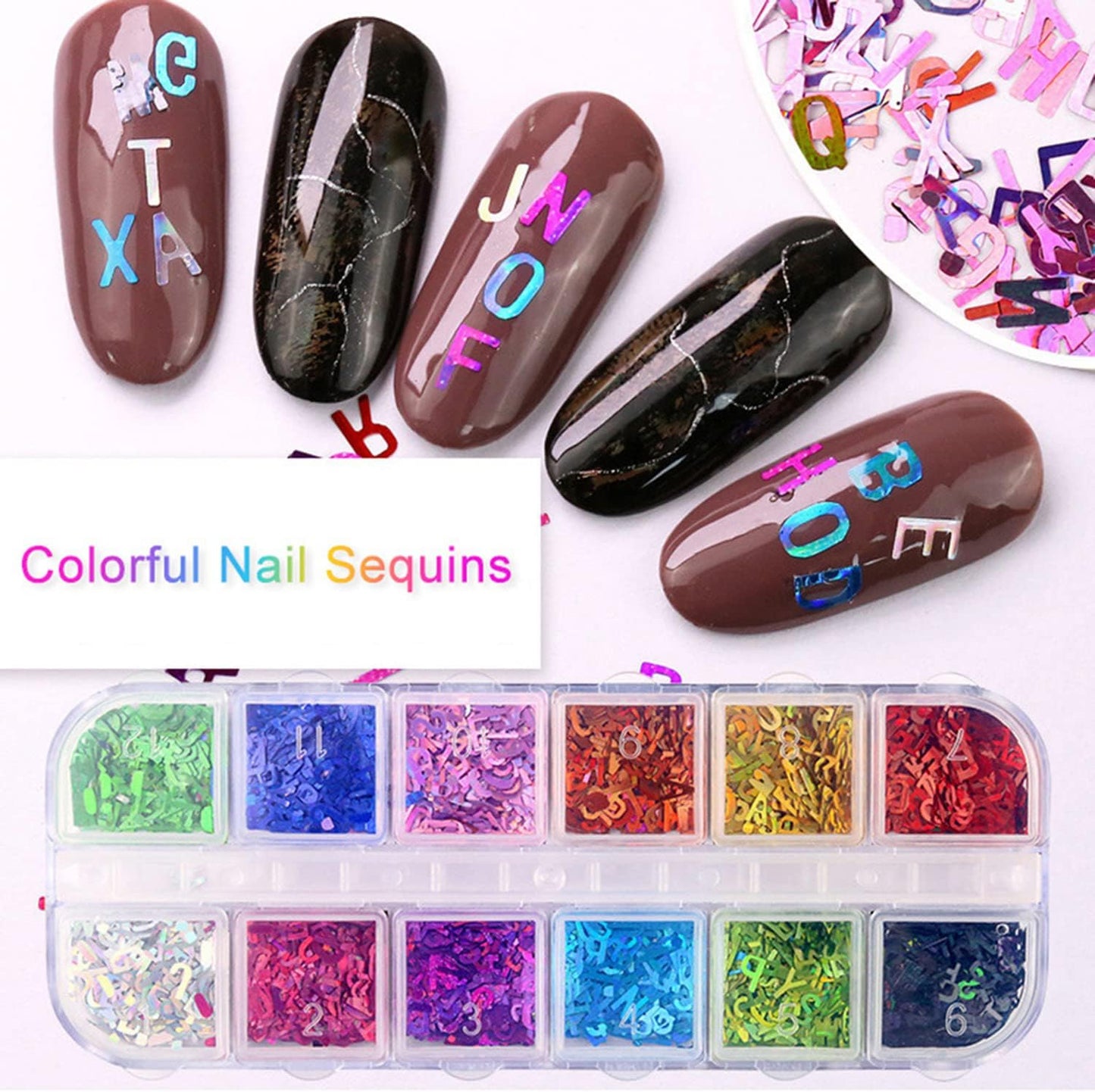 Letters Glitter Nail Art Sequins, Holographic Laser 3D Sparkly Nail Flakes Design, Alphabet Numbers Acrylic Nails Supplies for Women Girls Manicure Charms Decorations DIY Resin Nail Art Tips Crafts