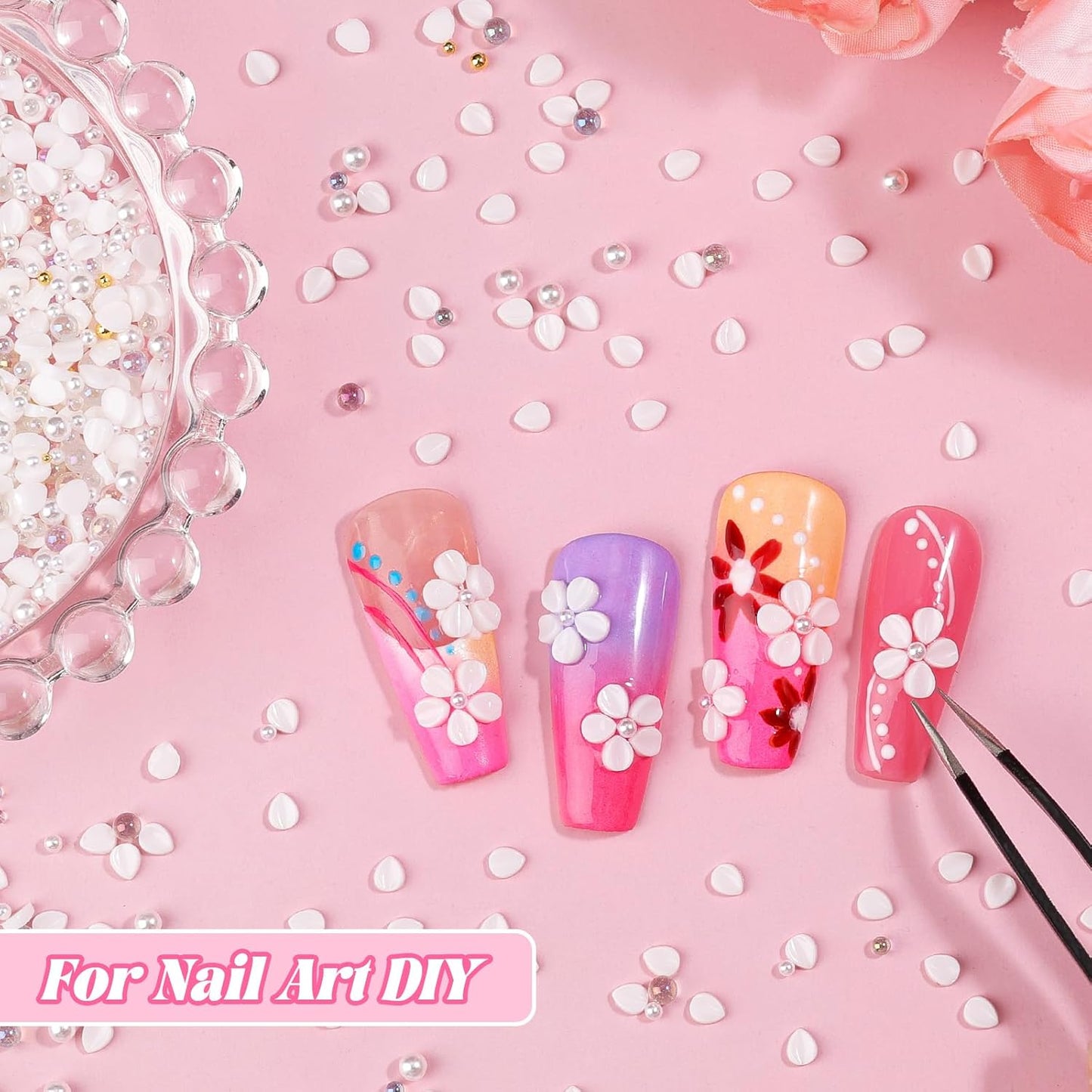 500Pcs Flower Nail Charms Kit, 400Pcs 3D White Flowers Petals and 100Pcs Round Pearls with Gold Metal Caviar Beads Bubble Beads, Cherry Blossom Petal Tiny Gems Mixed Rhinestone for Nails DIY