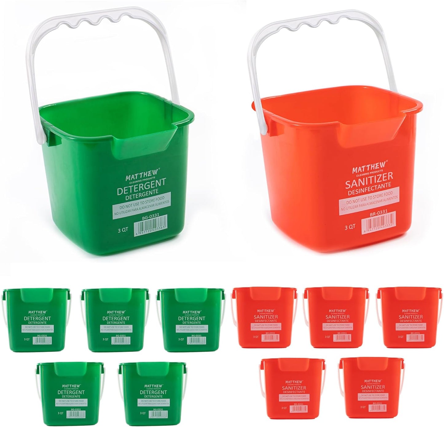 Matthew Detergent&Sanitizing Cleaning Bucket 3 Quart Plastic Pail,Set of 12 Square Containers,Built-In Spout w/Handle,Wash Rinse Sanitize Handwash Bucket for Home Commercial Restaurant (6 Red&6 Green)