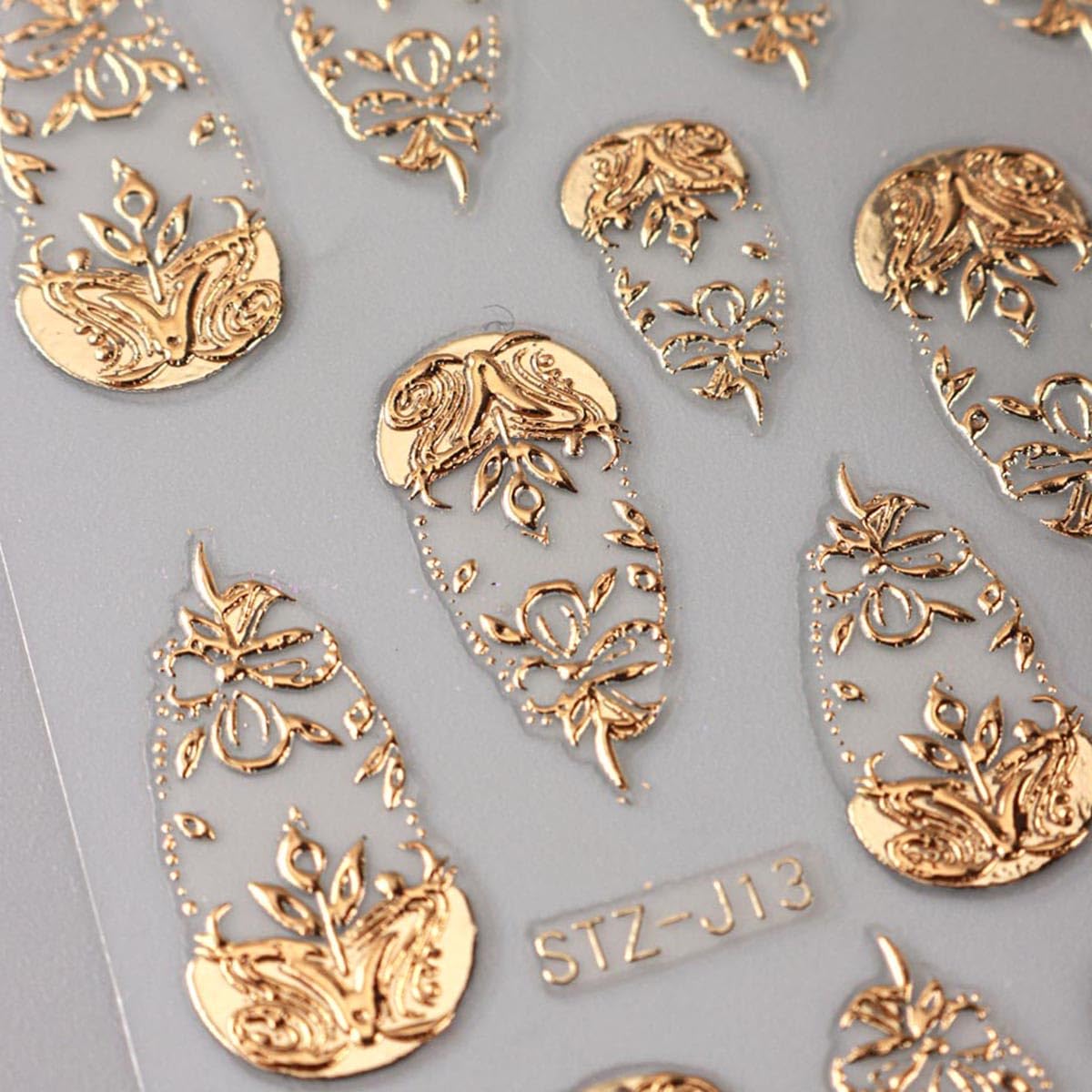 Gold Nail Art Stickers 3D Self-Adhesive Golden Foil Leaf Nail Decals Nail Art Supplies 3PCS Metallic Totem Leaves Summer Nails Design Embossed Sticker Manicure Sliders for Women DIY Nail Decorations