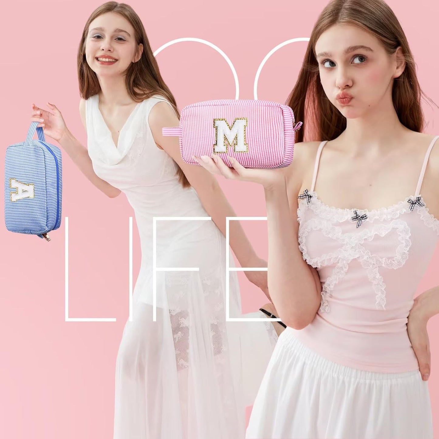 YOOLIFE Personalized Initial Cosmetic Bag - Makeup, Toiletry, Travel, Gift - Pink - Cosmetic Bag