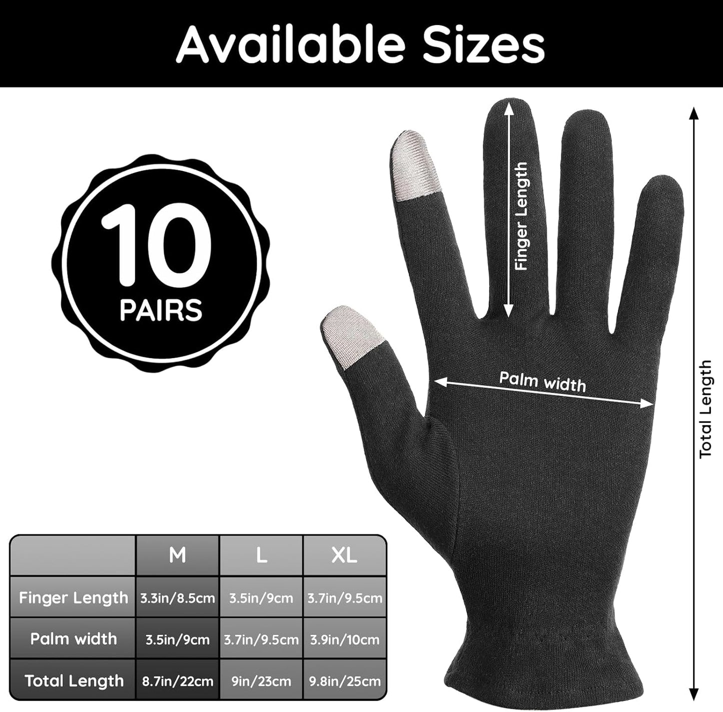 Segbeauty 20 Counts Elastic Cotton Work Gloves Black with Touchscreen Fingers, 10 Pairs Sleep Moisturizing Lotion Gloves Overnight for Women with Elastic Band, Gel Spa Cotton Work Glove for Arts Coins